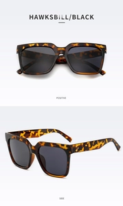 Detailed front and side views of tortoiseshell square sunglasses with dark lenses