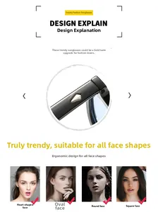 Sunglasses guide showing lens shape fit for heart, oval, round, and square face types