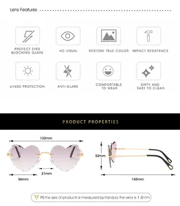 Size chart for heart-shaped rimless sunglasses featuring frame dimensions and UV400 specs