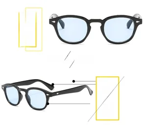 Retro round black frame sunglasses with light blue lenses and metal rivet details
