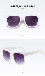 Detailed views of white square sunglasses with purple gradient lenses and gold rivets