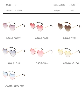 Macro view of rimless heart-shaped sunglasses in seven vibrant colors with metal temples