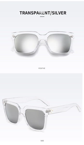 Detail view of transparent square sunglasses with silver mirrored lenses from multiple angles