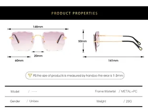 Detailed size specifications for rimless square sunglasses with metal temples