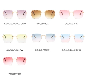 Detailed display of seven colored rimless square sunglasses with gold metal temples