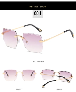 Detailed views of rimless square sunglasses with purple gradient lenses and gold temples