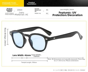 Detailed specs of retro rivet sunglasses with light blue lenses and black PC frame