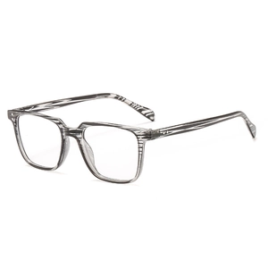 Modern square striped gray eyeglasses frame with stylish double rivet metal accents