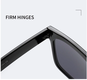 Close-up of firm hinges on black fashion sunglasses with CE certification marking