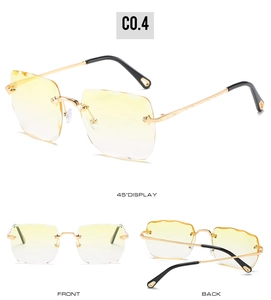 Three-view display of rimless square sunglasses with yellow gradient lenses and wave cut edges