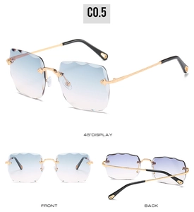 Three angles of rimless square sunglasses with blue-pink gradient wave edge lenses