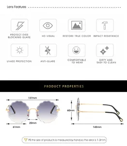 Detailed size chart for rimless flower petal sunglasses showing UV400 lens dimensions