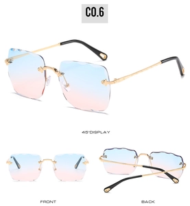 Close-up of rimless square sunglasses with blue-pink gradient lenses and wavy cut edges