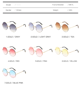 Detail view of seven rimless sunglasses with wave petal cut lenses and metal frames