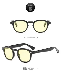 Detail of retro black sunglasses with yellow lenses and rivet accents from multiple angles