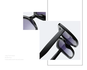 Detail view of classic square black frames with purple gradient lenses and elegant nose bridge
