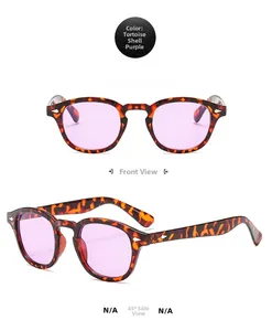 Detail view of retro tortoise shell sunglasses with light purple lenses and silver rivets