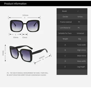 Detailed size chart for oversized square sunglasses with PC frame and dimensions