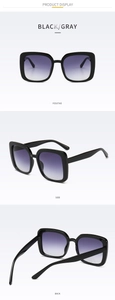 Three-way view of classic square oversized sunglasses with black frames and gray lenses