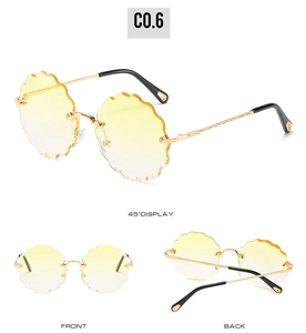 Frameless petal-shaped sunglasses with yellow gradient lenses shown from multiple angles