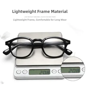 Detailed view of black eyeglass frame on scale weighing only 20.8g for lightweight comfort