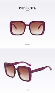 Detail view of purple translucent square sunglasses with gradient tea lenses and side view