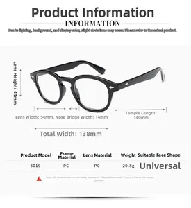 Detailed size chart for retro square glasses frame showing lens width and bridge dimensions