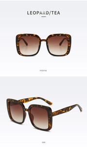 Front and side view of classic leopard print square oversized sunglasses for women