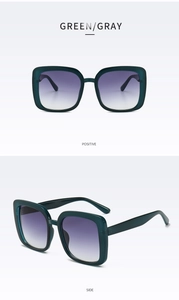 Detail view of square green sunglasses with gray gradient lenses from positive and side angles