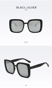 Front and side view of square oversized sunglasses with black frame and silver mirror lenses