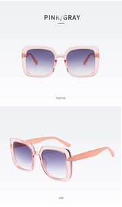 Front and side view of pink transparent square sunglasses with gray gradient lenses