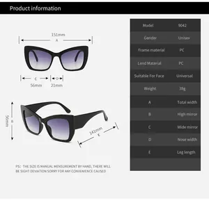 Detailed size guide and measurements for oversized square sunglasses with PC frame