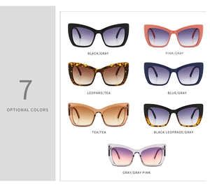 Detailed grid showing seven trendy oversized cat-eye sunglasses in various gradient colors