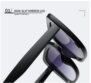 Detail of non-slip mirror leg on square black sunglasses with purple gradient lens