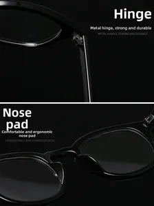 Detail of durable metal hinges and comfortable integrated nose pads on black retro frames