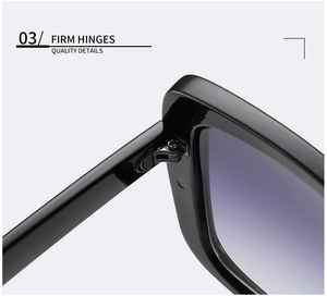 Detailed close-up of sturdy metal hinges and black glossy frame of square sunglasses