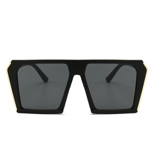 Trendy matte black oversized square sunglasses with gold metal side bars for women