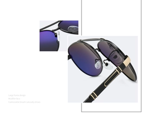 Detailed close-up of polarized pilot sunglasses with black metal frame and gold accents