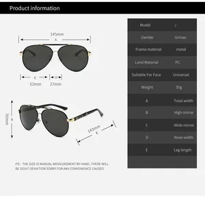 Detailed size guide and dimensions for polarized metal aviator sunglasses with frame measurements