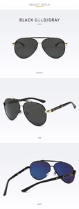 Detailed views of polarized aviator sunglasses with black gold frames and grey lenses