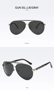 Front and side views of gunmetal aviator sunglasses with polarized dark gray lenses
