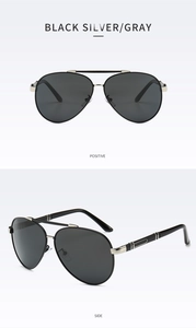 Front and side views of black and silver aviator polarized sunglasses for men