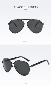 Detailed views of gunmetal metal aviator sunglasses with polarized dark gray lenses