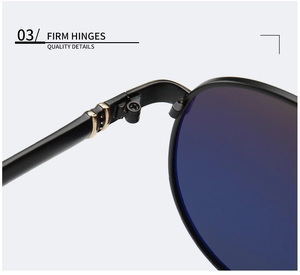 Macro detail of reinforced metal hinges on polarized aviator sunglasses with gold accents