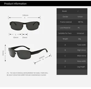 Detailed size chart for unisex metal sunglasses showing bridge and temple dimensions