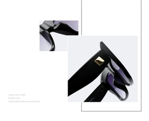 Close-up of golden metal hinge and purple lenses on large black frame sunglasses