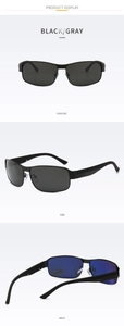 Three-angle view of men's polarized sunglasses with black metal frame and gray lenses