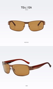 Close-up views of tea-colored polarized driving sunglasses with a sleek metal frame