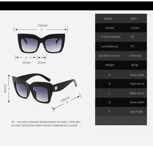 Detailed size chart for unisex oversized square PC sunglasses with model 9039 dimensions