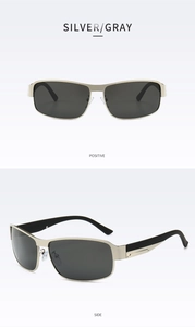 Detailed views of classic men's polarized sunglasses with silver metal frame and gray lens
